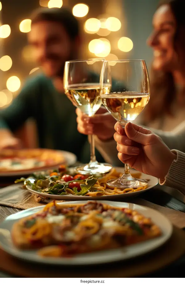 A group of friends toasting with wine glasses over a table full of food