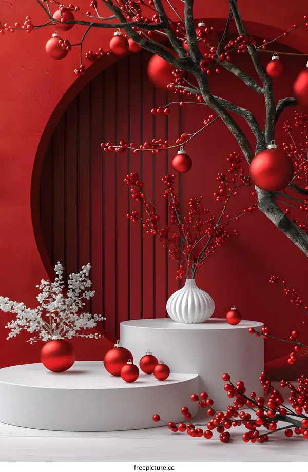 Red Christmas Ornament Decor With White Platform