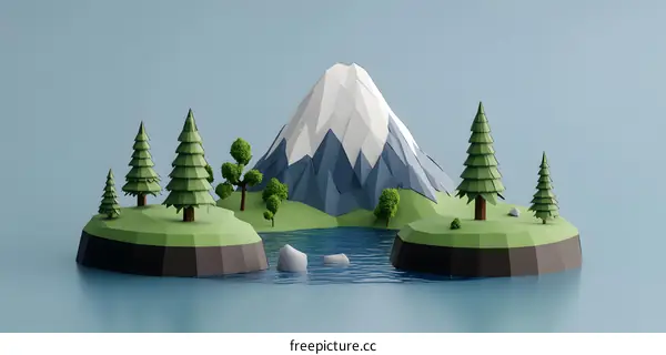 Low Poly Mountain Landscape with Trees and Lake