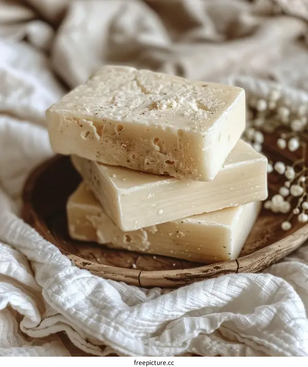 Three Handmade Soap Bars on a Wooden Plate with Baby's Breath Flowers