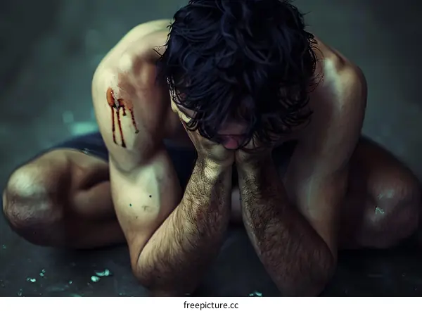 man with blood on his shoulder and hands covering his face