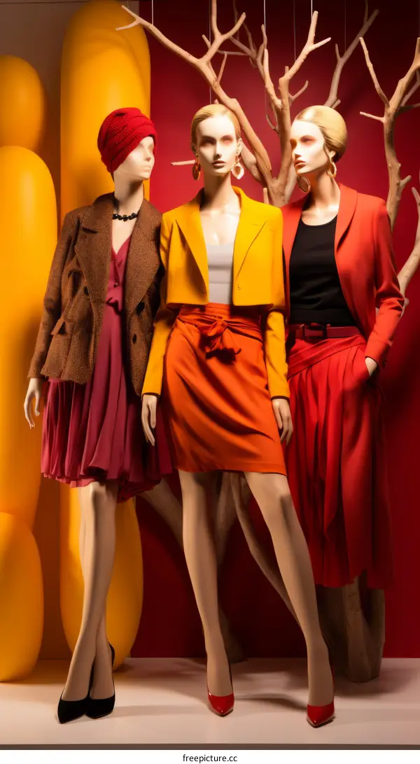 Three female mannequins dressed in colorful clothing in a store display