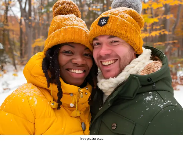 Happy Couple Wearing Winter Clothes In Snowy Forest