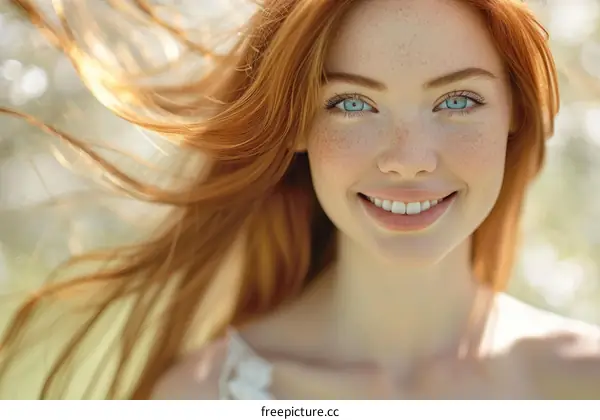Portrait of a beautiful young woman with red hair and freckles