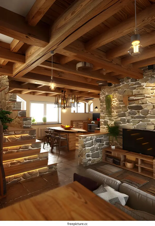 Rustic Interior Design with Stone Walls and Wooden Beams