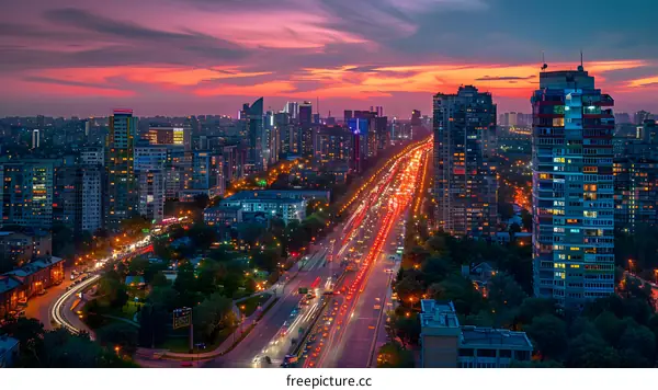 A busy highway runs through a city at sunset