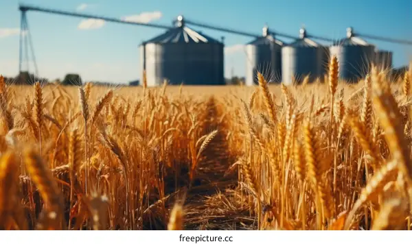 Golden Wheat Field with Grain Elevators in Distance