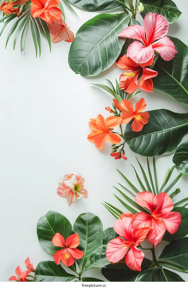 Tropical Flowers and Leaves on White Background