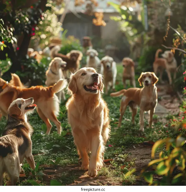 A group of dogs playing in the garden