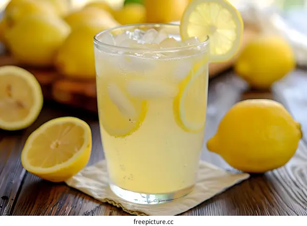 Refreshing Glass of Lemonade with Lemon Slices and Ice