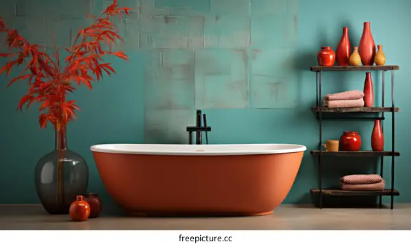 Bathroom with a red bathtub and green walls