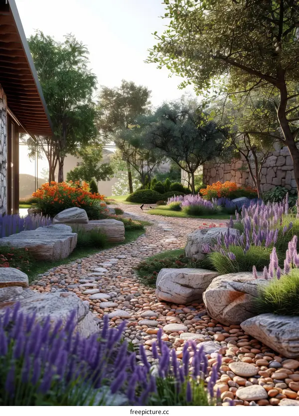 Lush Garden Path with River Stones