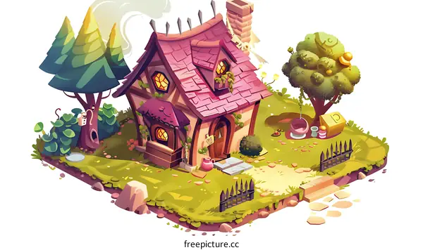 Cartoon illustration of a cute little cottage with a fence and a tree