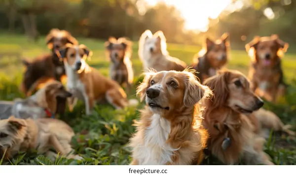Group of dogs in a field looking at the camera