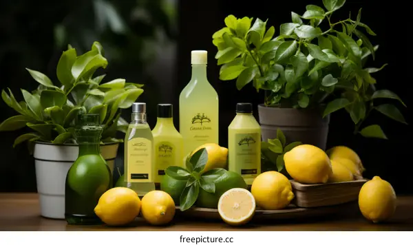 Still life of citrus fruits and beauty products