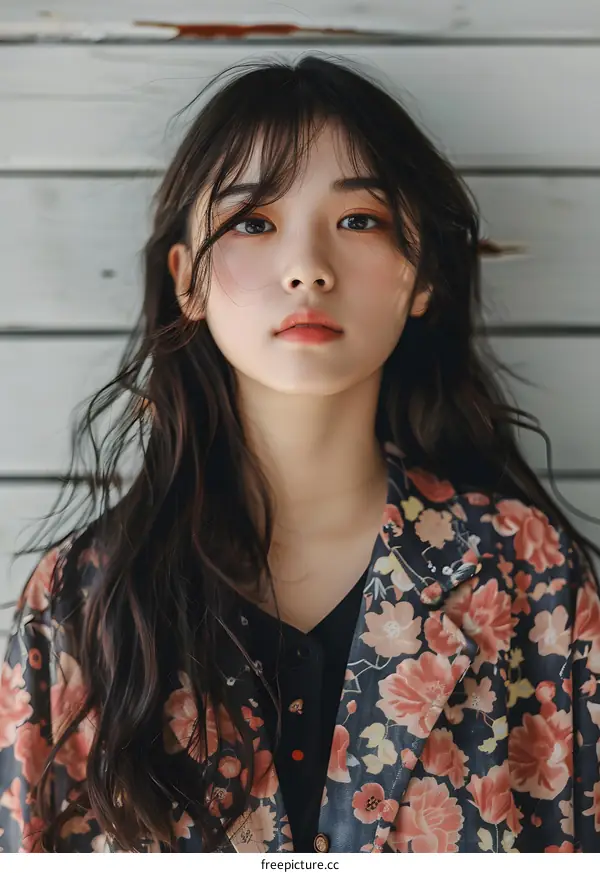 Portrait of Young Asian Woman With Long Hair Wearing Floral Blazer