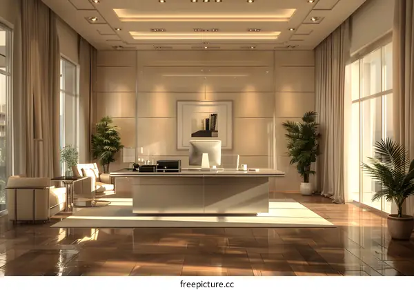 Modern office interior design with large windows and plants