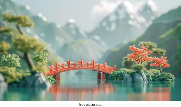 Tranquil oriental landscape with red bridge over pond