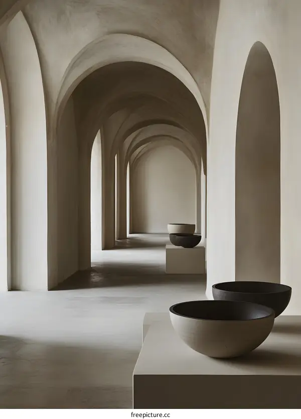 Minimalist Architectural Interior with Arched Corridor and Geometric Bowls