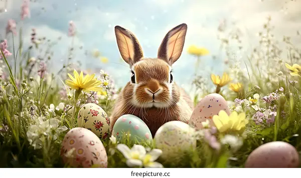 Easter Bunny in a Spring Meadow with Decorated Eggs