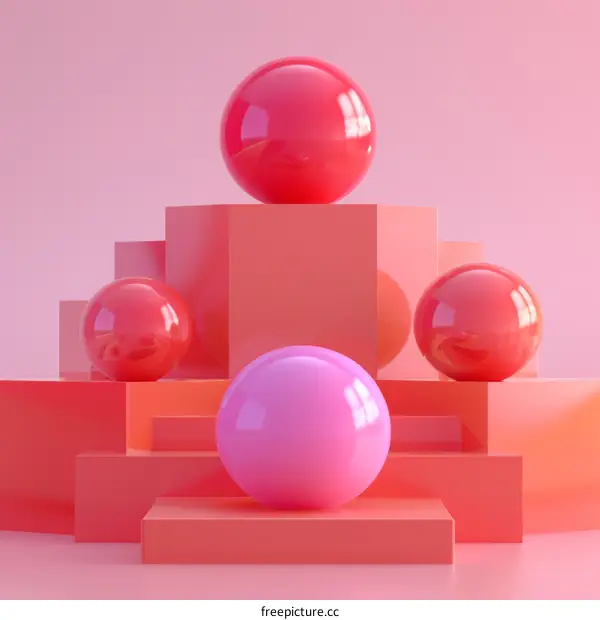 Pink and purple spheres on podiums against pink background