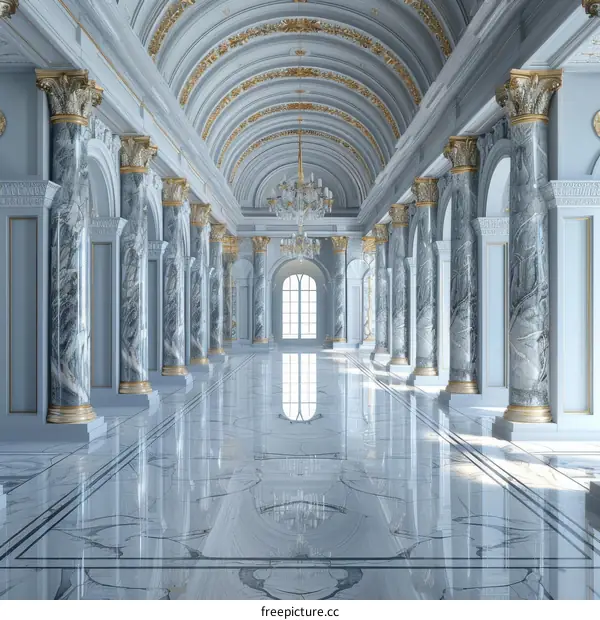 Ornate Hallway with Marble Columns and Shiny Floor
