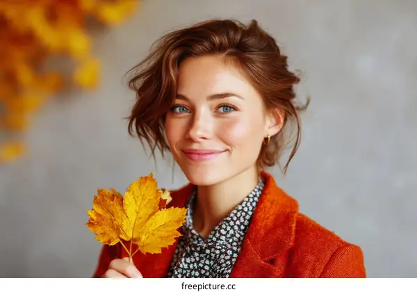 Autumnal Woman with Golden Leaves Portrait
