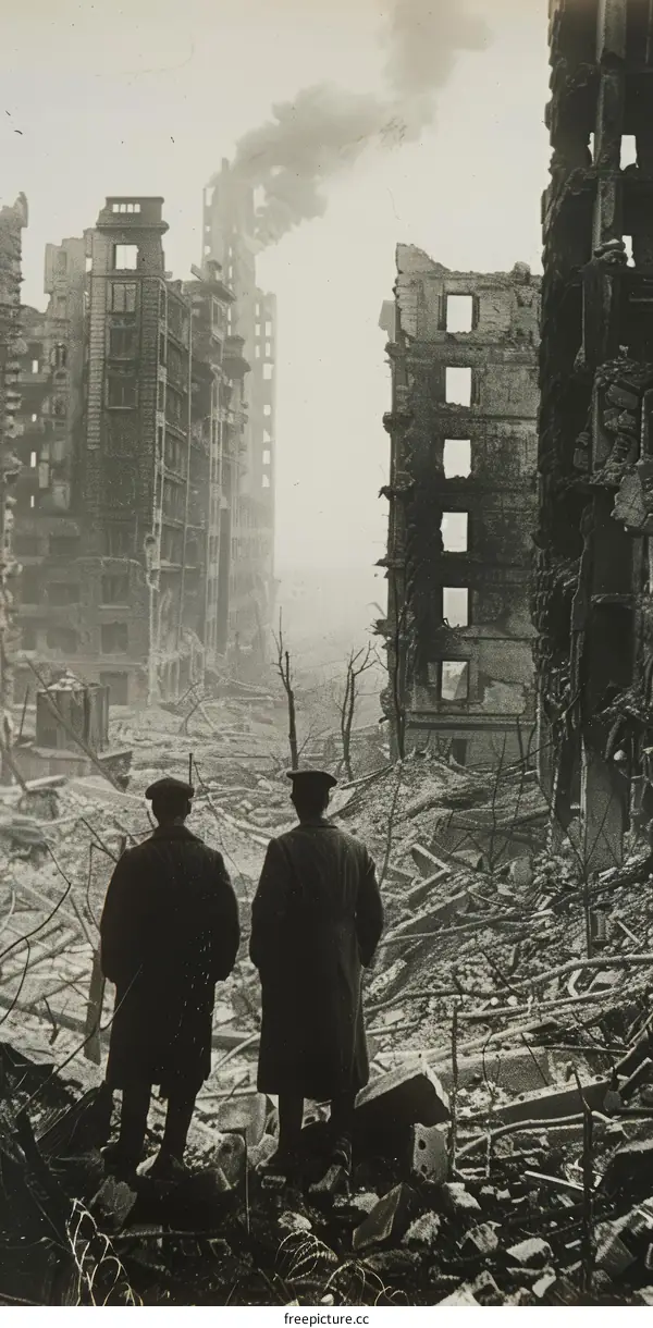 Two British Soldiers Survey the Ruins of London After a German Air Raid in 1940