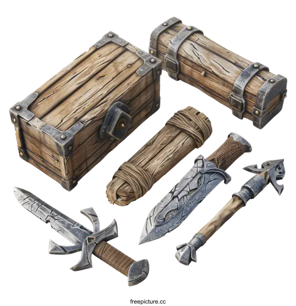 [Transparent Background PNG]Medieval Weapons and Treasure Chests