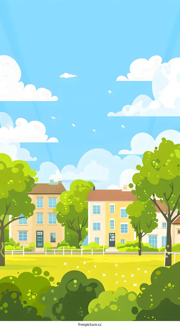 Cartoon Illustration of a Green Village with Houses and Trees Under a Blue Sky