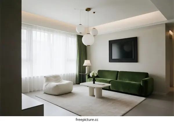 Modern Living Room with Green Sofa and White Decor Elements