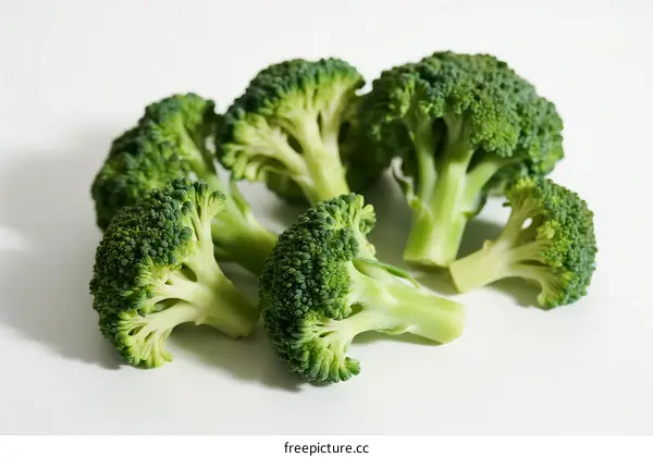 Fresh Green Broccoli Florets Arranged on White Background