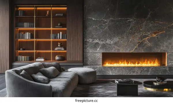 Modern Luxury Living Room with Fireplace and Bookshelves