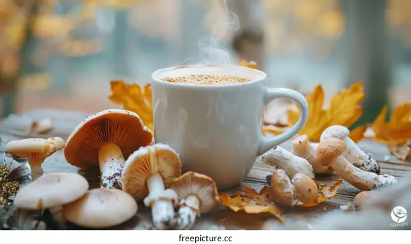White ceramic cup of coffee with milk on wooden table with autumn leaves and mushrooms