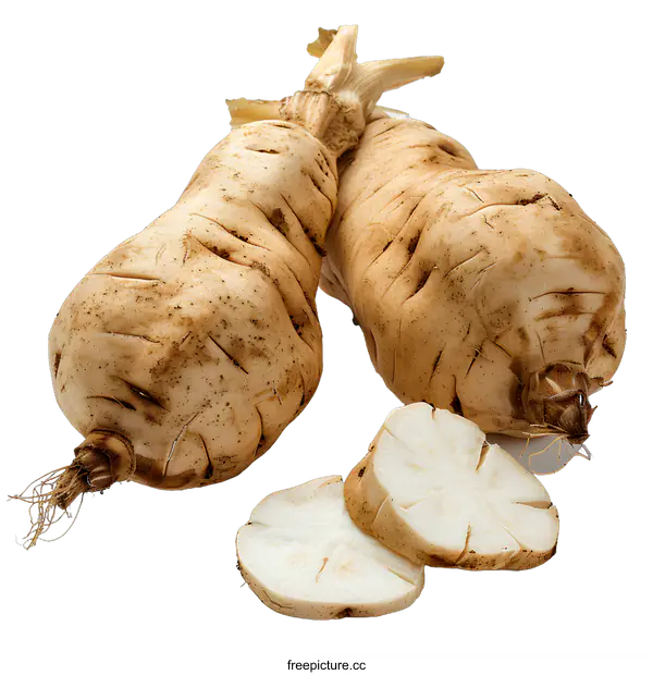 [Transparent Background PNG]Two Whole and Sliced Yacon Roots