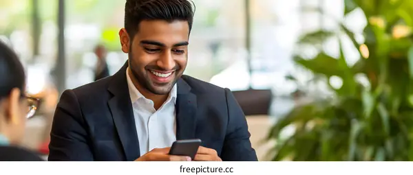 Smiling Businessman Checking Phone in Office