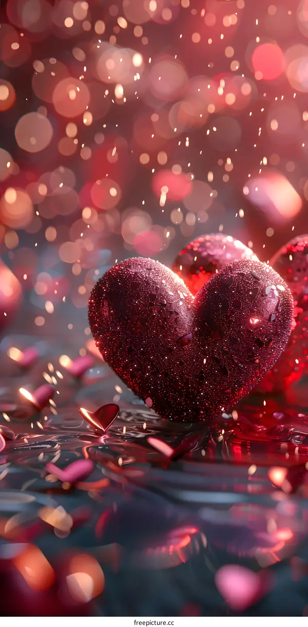 A red heart floats on the water, and many red hearts are flying around