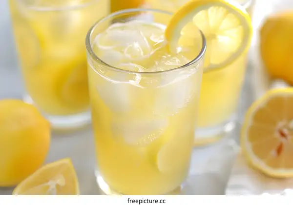 Glass of Lemonade with Ice Cubes and Lemon Slices
