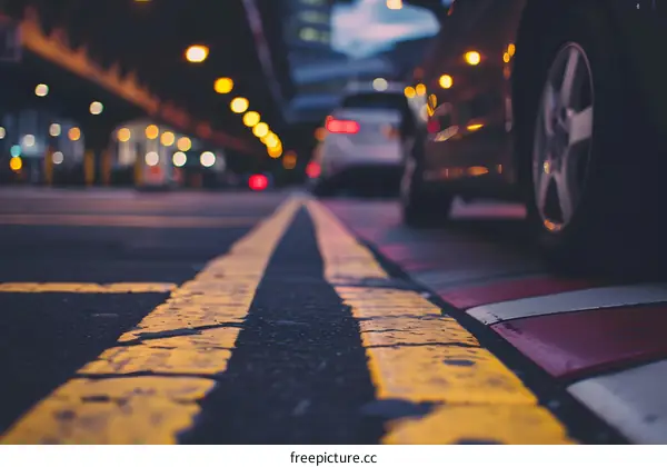 Yellow Lines on Road in City at Dusk