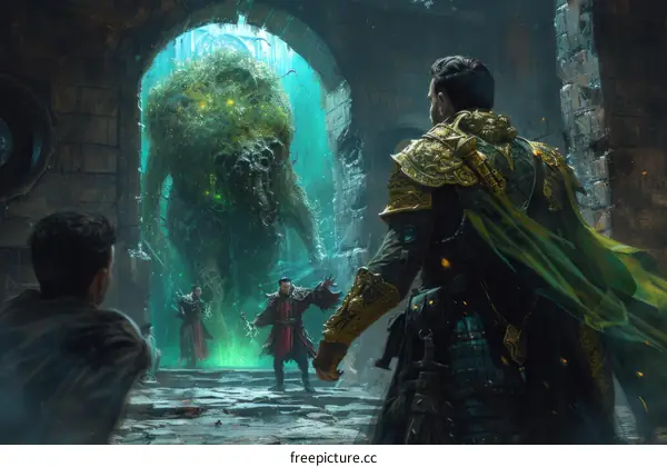 A group of adventurers fighting a monster in a dark cave