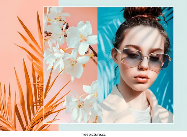Summer Fashion Collage with Woman, Flowers, and Palm Leaves