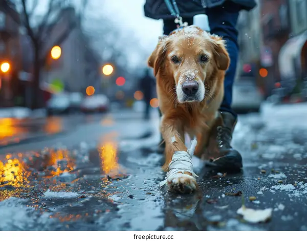 Golden Retriever Dog Walking in Snow with Bandaged Paw