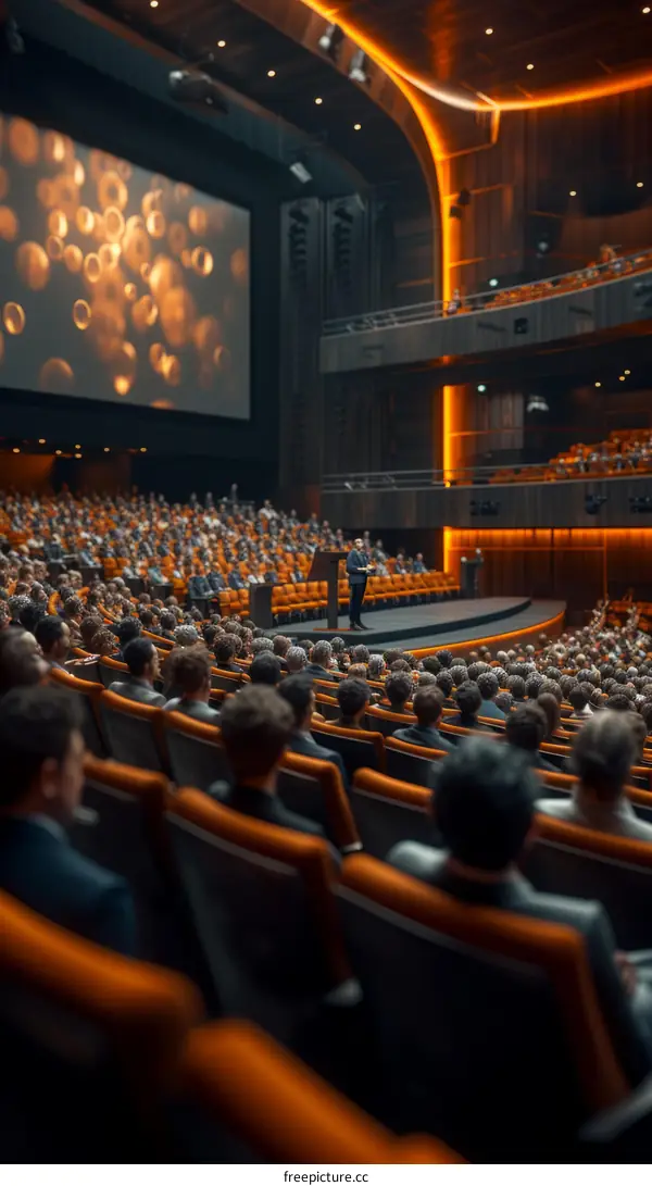 A large auditorium filled with people listening to a speaker on stage