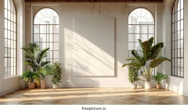 Indoor plants in a modern, open-plan living space with floor-to-ceiling windows and wood flooring