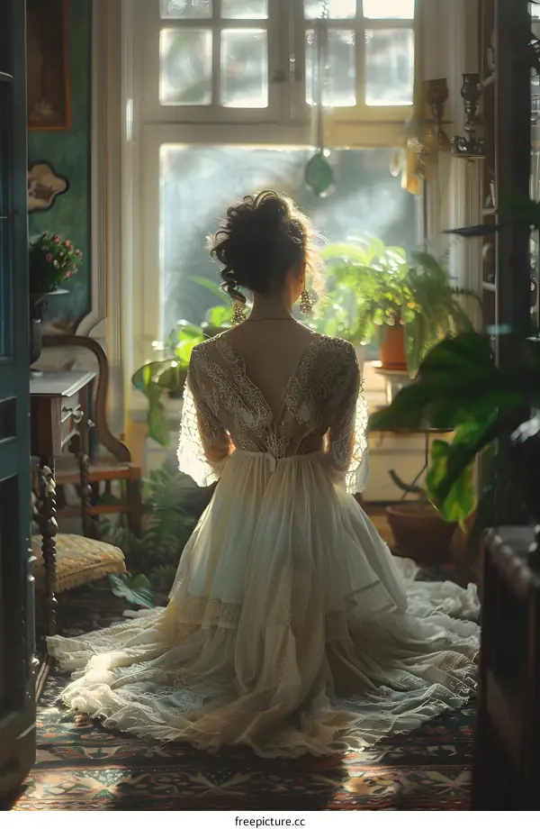 A young woman in a white lace dress is kneeling in front of a window, her back to the camera, the sunlight is shining through the window,洒在她身上, her hair is in a bun,露出修长的脖子, she is跪坐在波斯地毯上,周围摆满了绿色的盆栽植物, the whole picture is full of peace and beauty