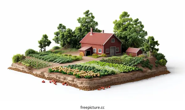 Farmhouse surrounded by trees and crops