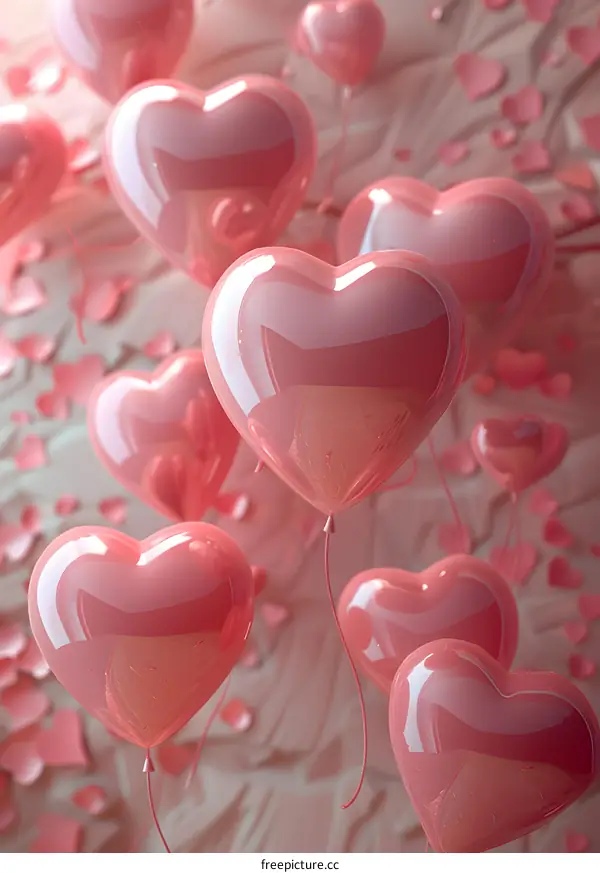 Pink heart-shaped balloons fly in a pink background