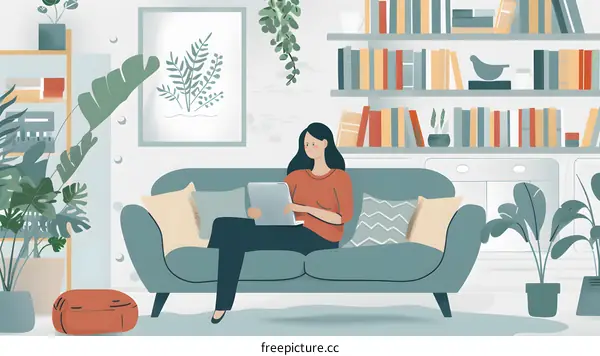 Woman Sitting On Sofa Using Laptop In Living Room