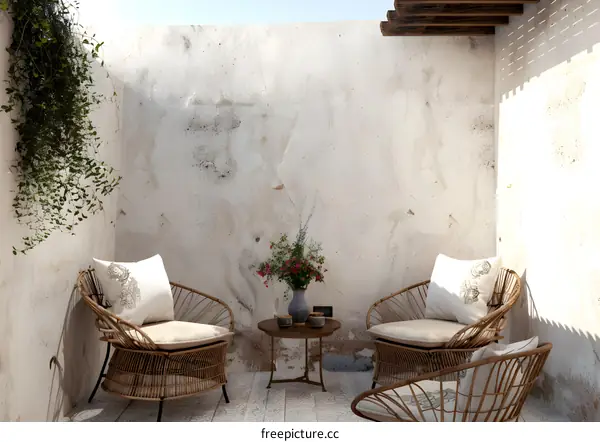 Wicker Chairs and Table in a Courtyard Setting