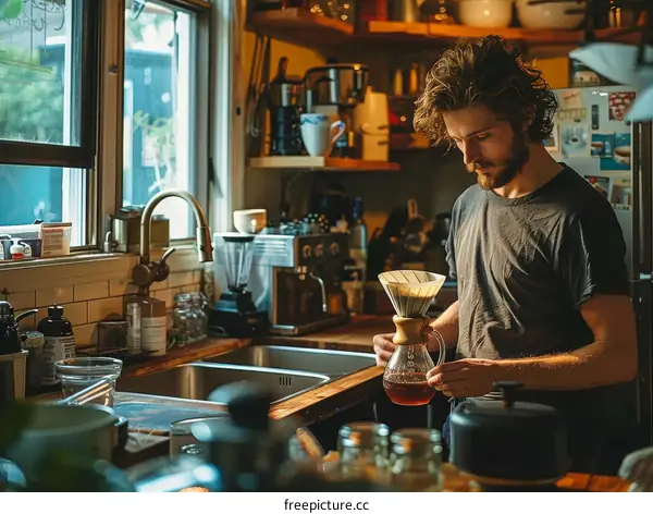 Bearded man making coffee in the kitchen
